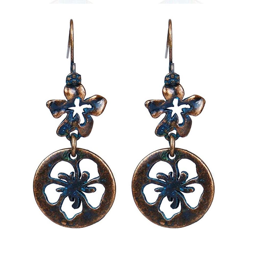 Boho Patina Flower Drop Earrings